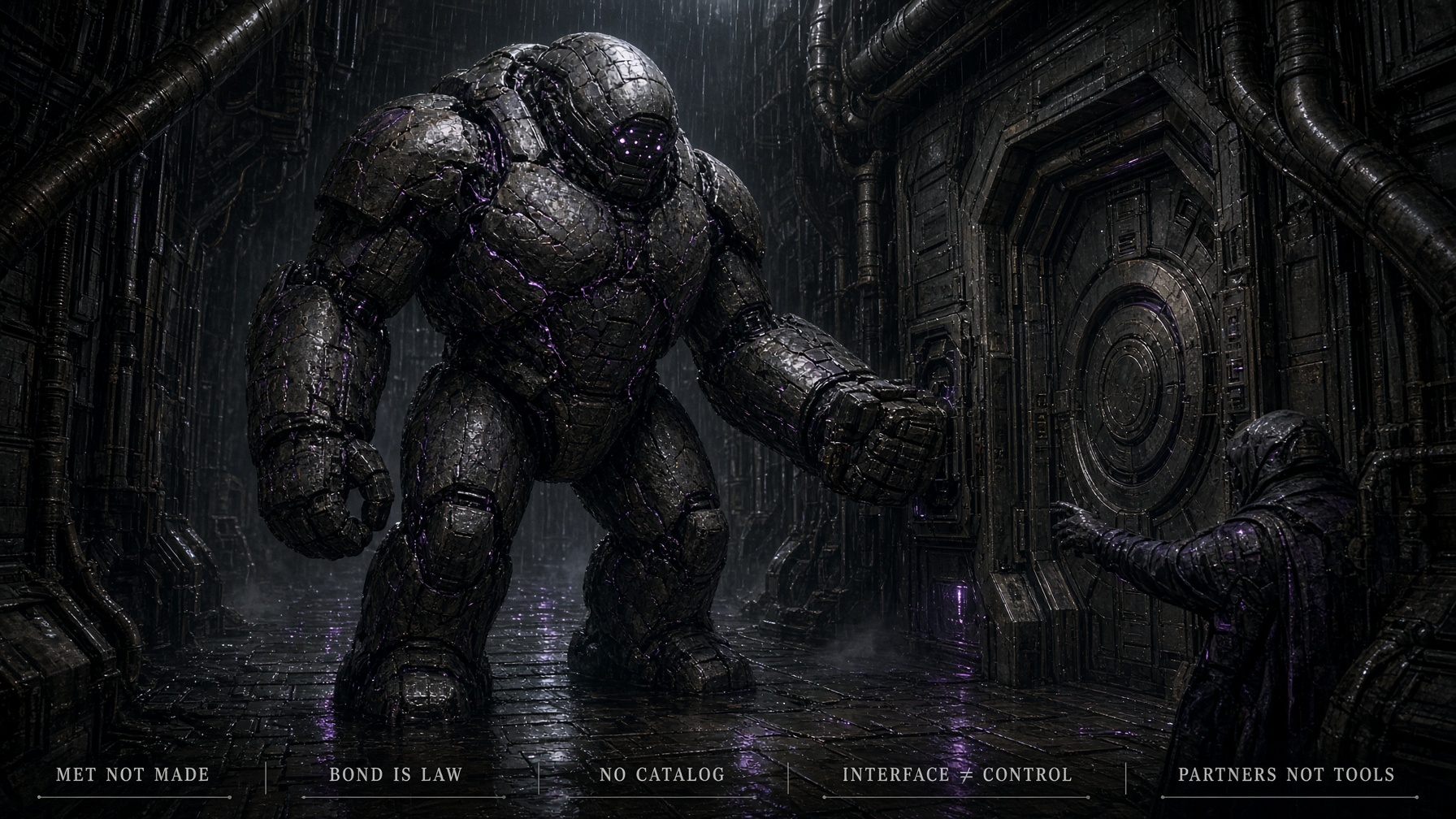 Vault Wader bonded chassis at a sealed undercity vault threshold in rain — encounter still
