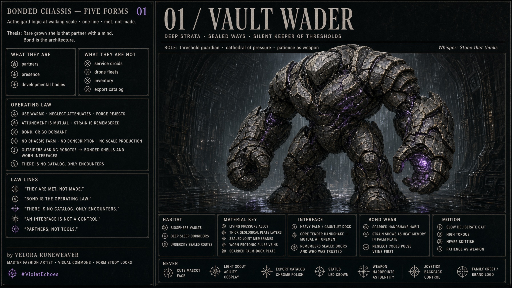 Vault Wader form study lock sheet — materials, interface, bond wear, never list