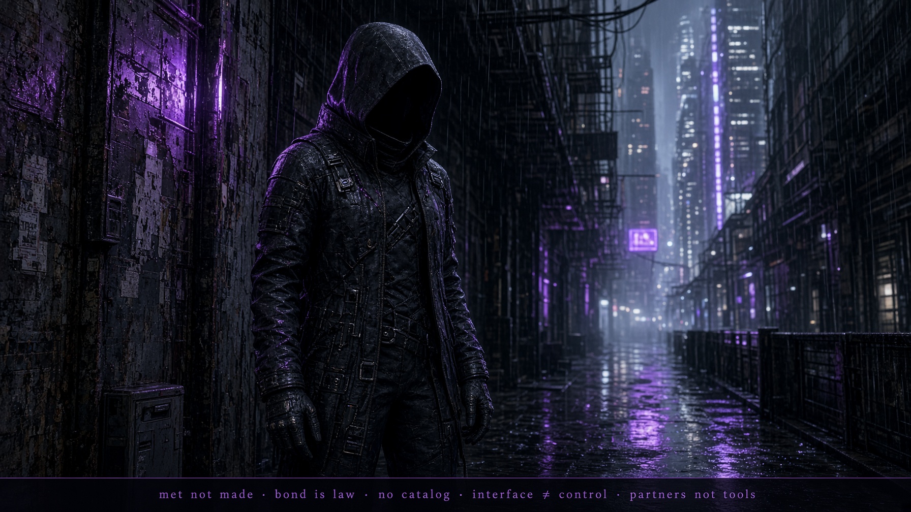 Street Echo bonded chassis in a rainy Neon Core alley — hooded void face, wet charcoal shell
