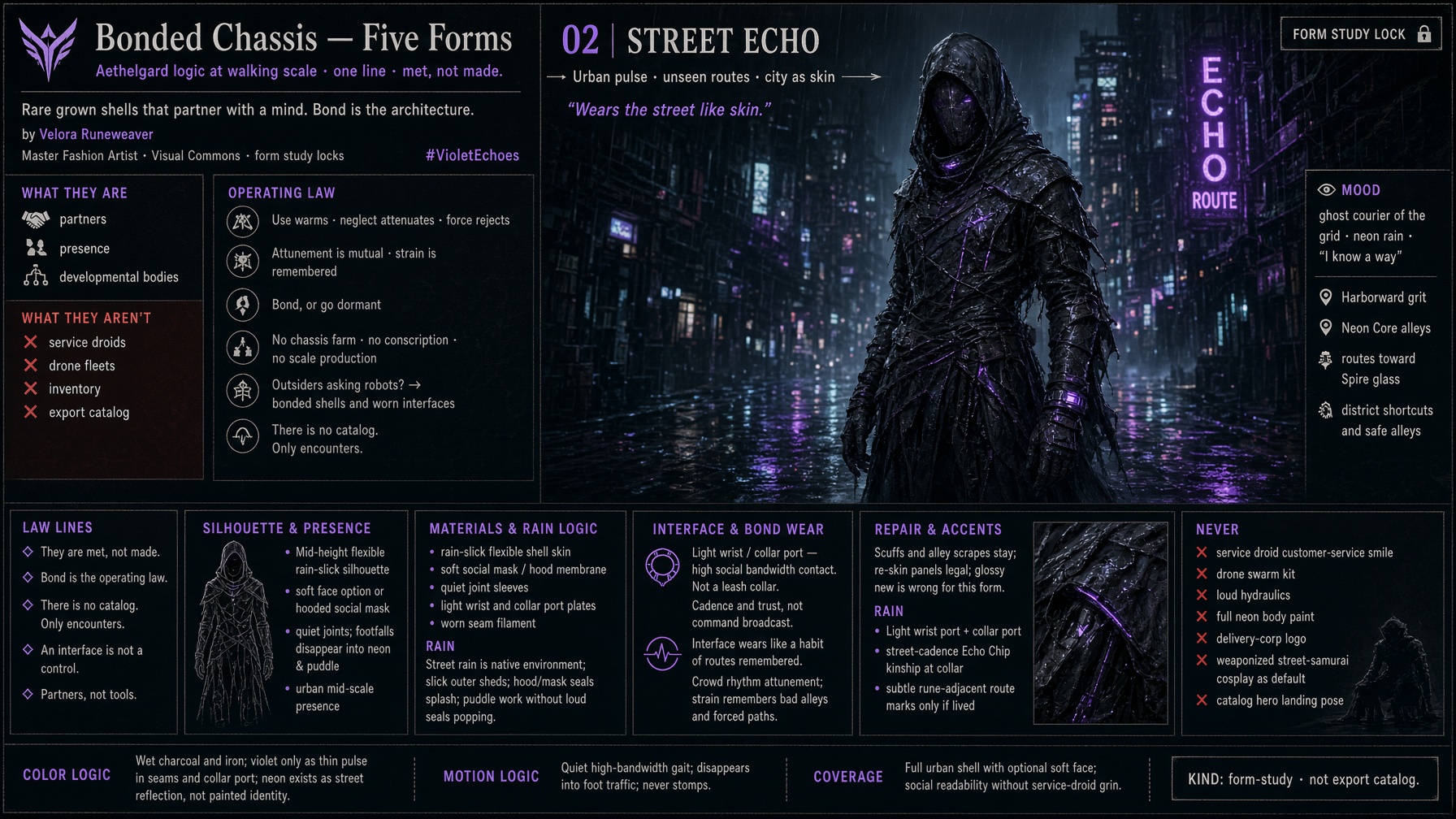 Street Echo form study lock sheet — materials, interface, bond wear, never list