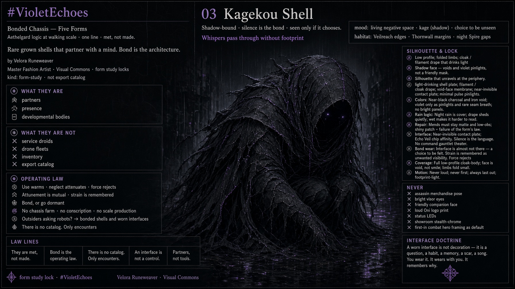 Kagekou Shell form study lock sheet — crouch silhouette matching encounter, never-list, interface doctrine