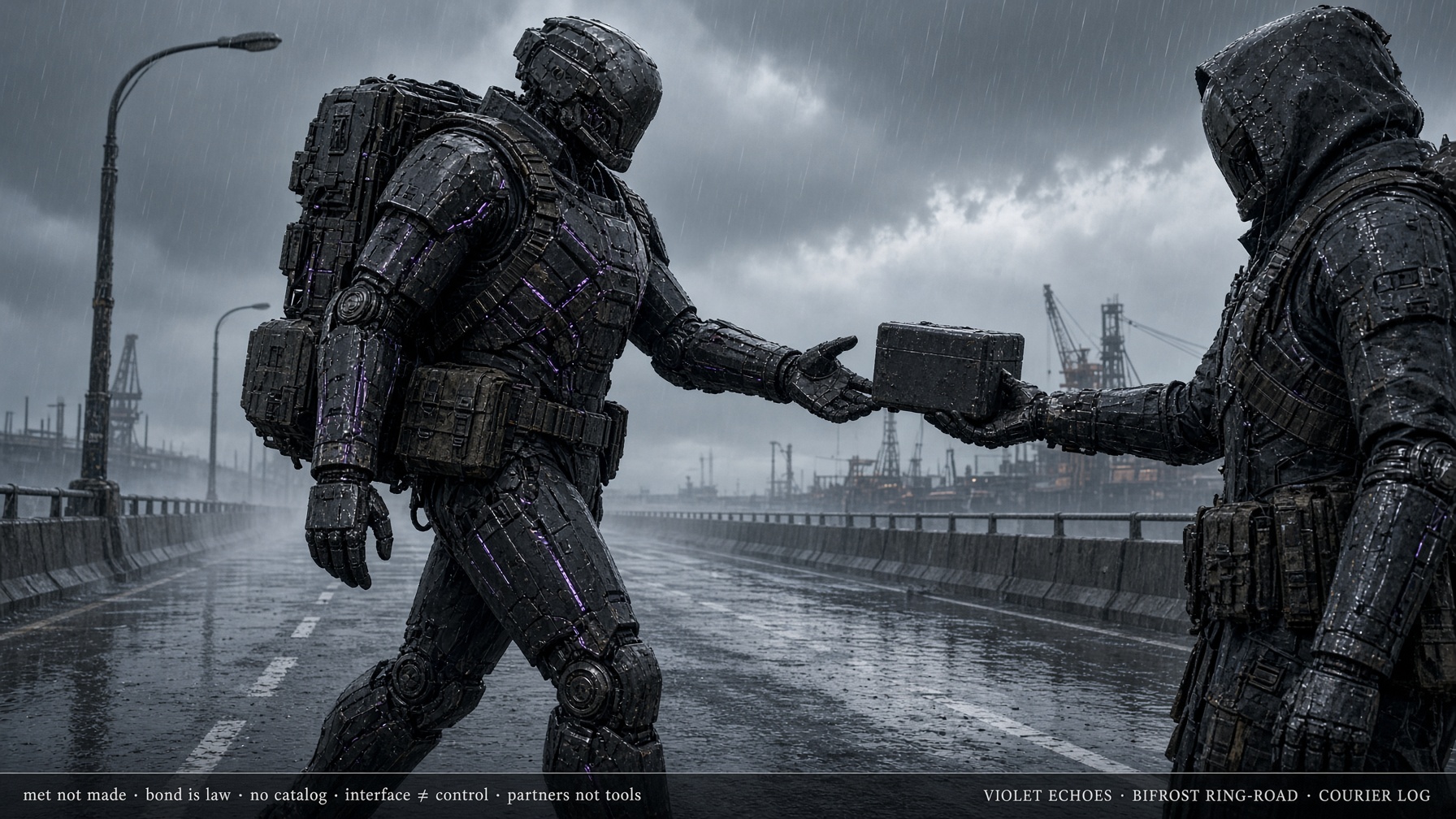 Courier bonded chassis palm-passing a parcel to Street Echo kin on the Bifrost ring-road in rain