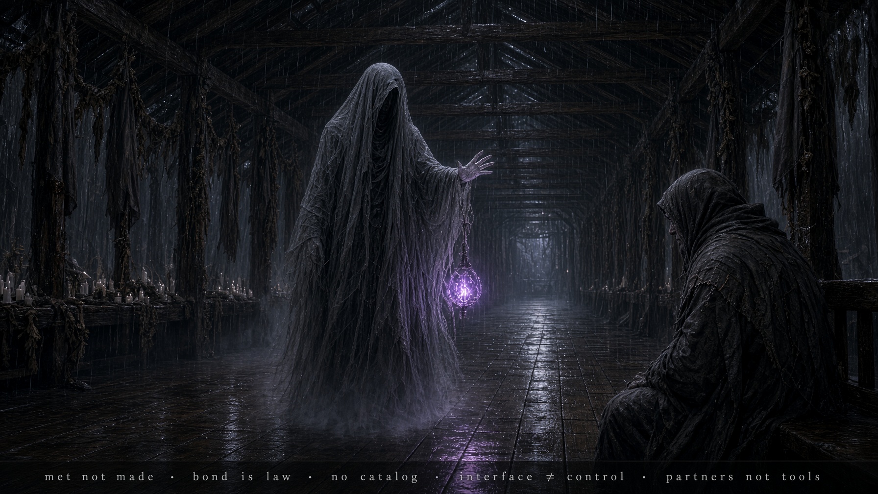 Mourning bonded chassis in a rainy longhouse hall — open palm, violet wick lantern, unasked witness with a seated griever