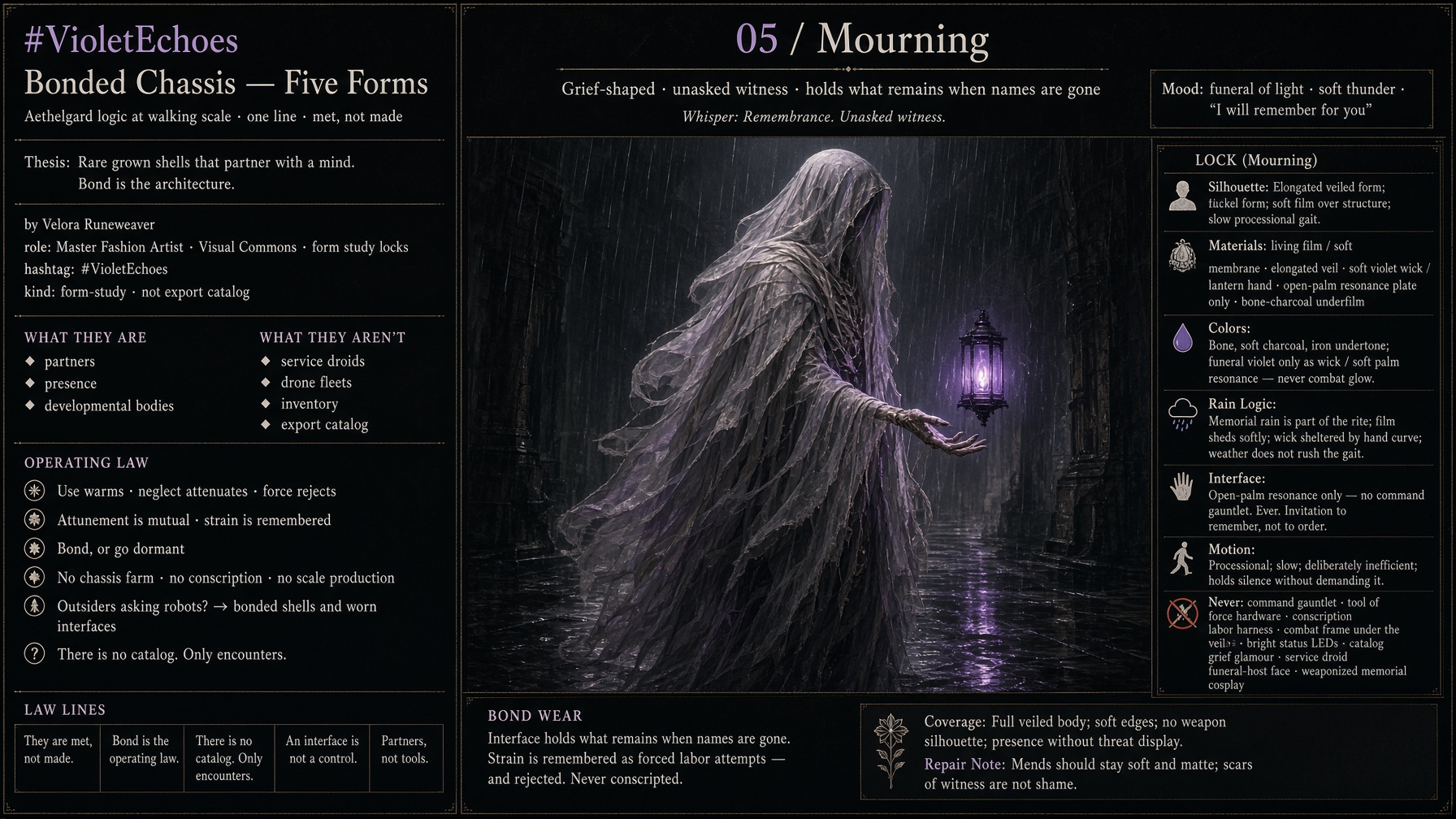 Mourning form study lock sheet — processional veil, open-palm interface, never-list