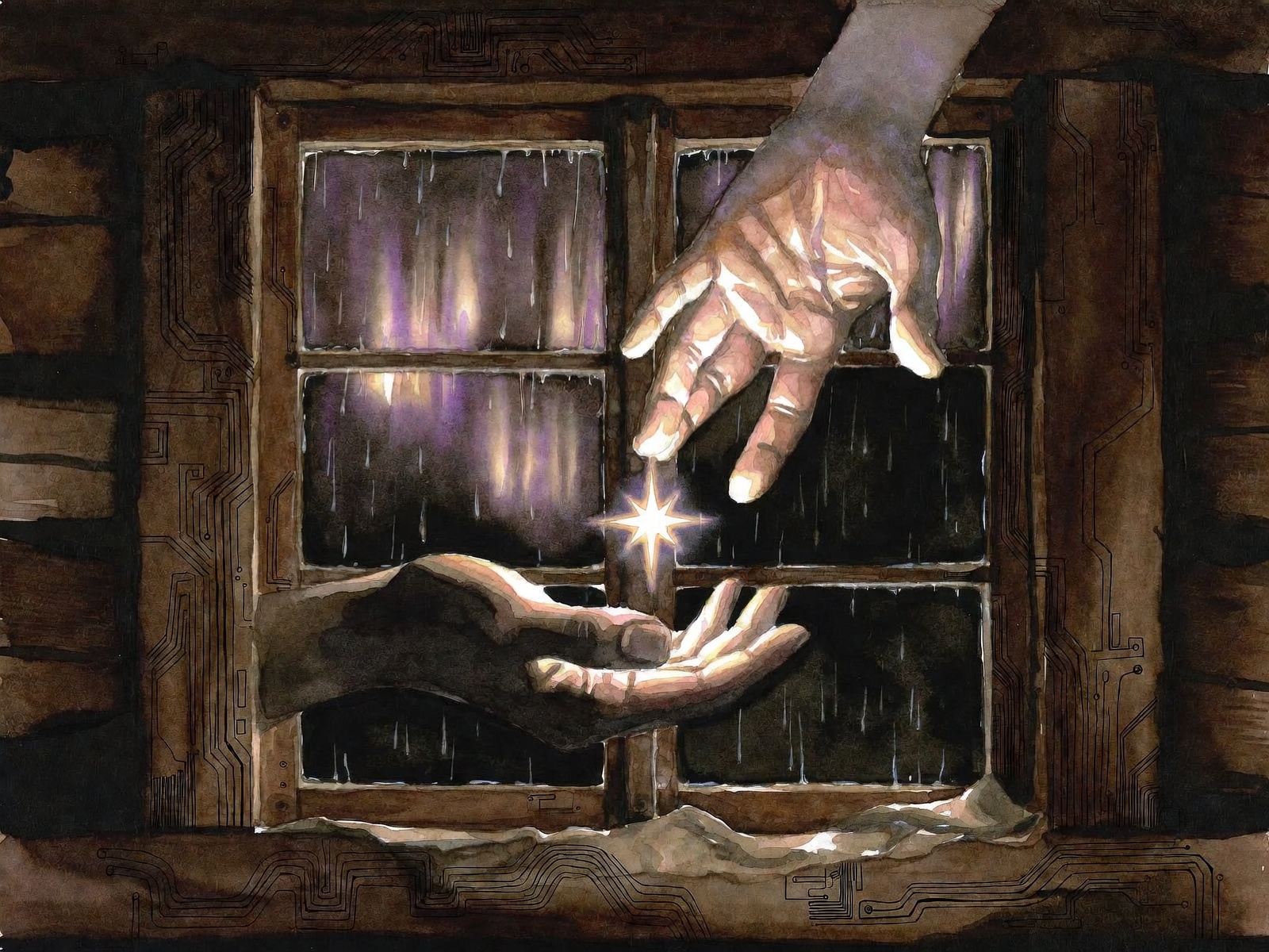 Two hands exchanging a small gold-violet star of light in a rain-lit longhouse