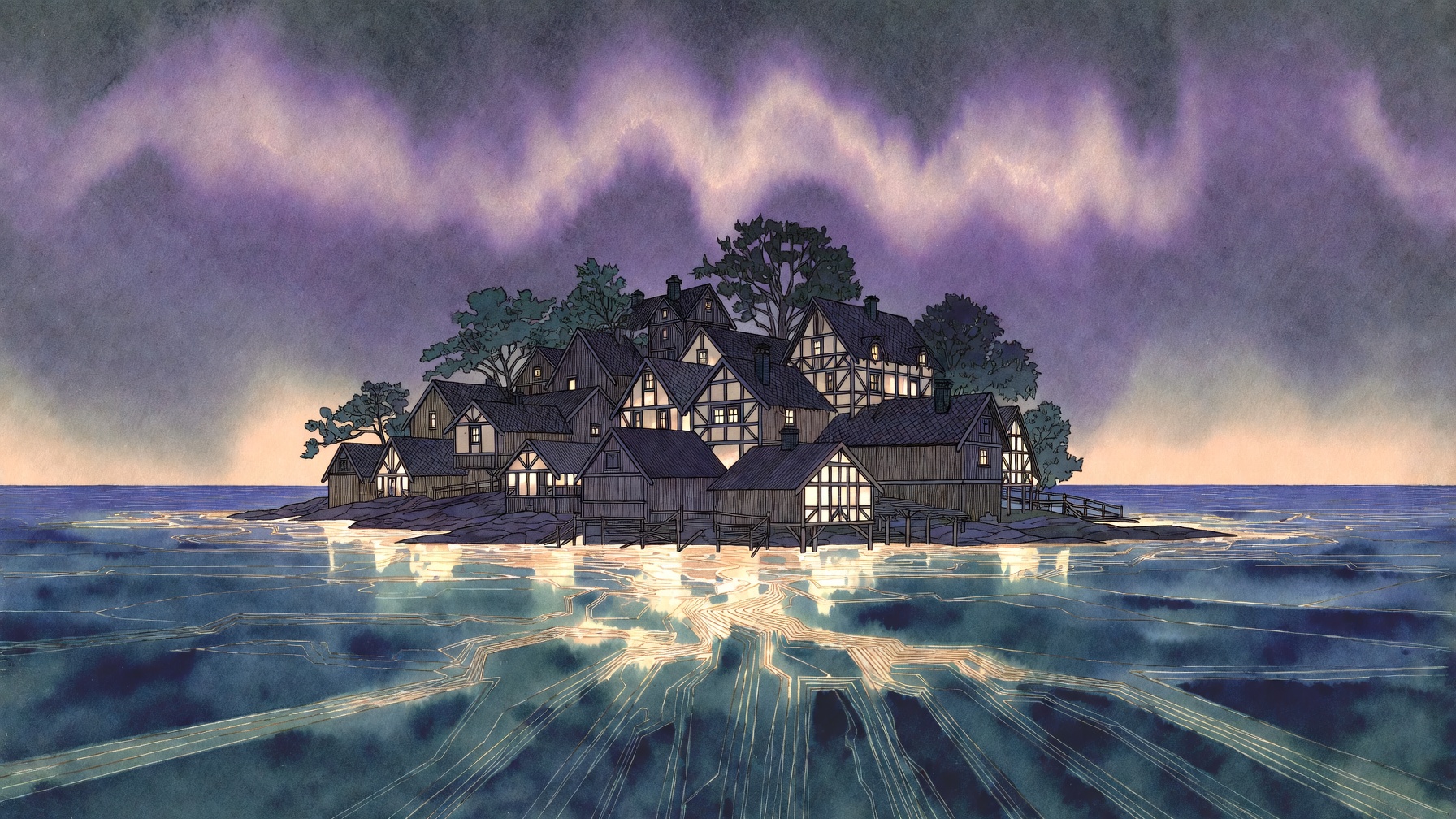 Timber island city on a glowing digital sea under a soft violet aurora