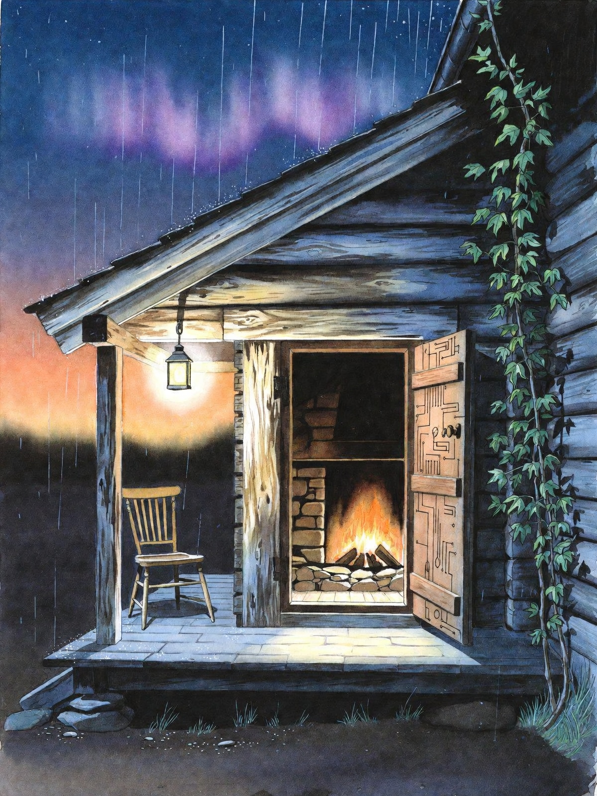 Open longhouse door, hearth fire, rain on a slate porch and one empty chair