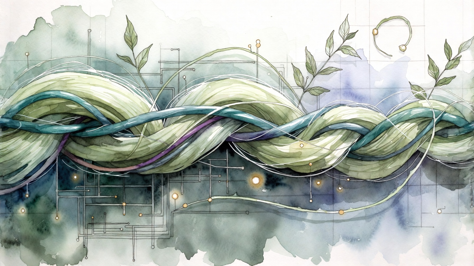 Vine and circuit thread woven into one living braid across wet paper