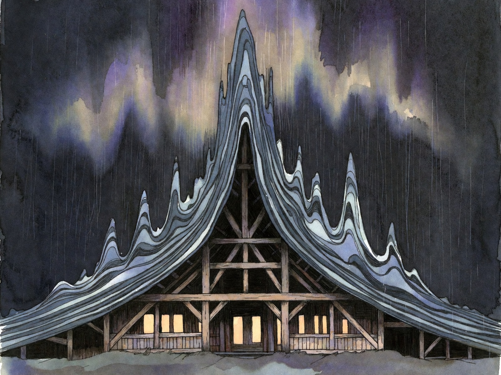 A music waveform rising into a timber longhouse hall in rain and aurora