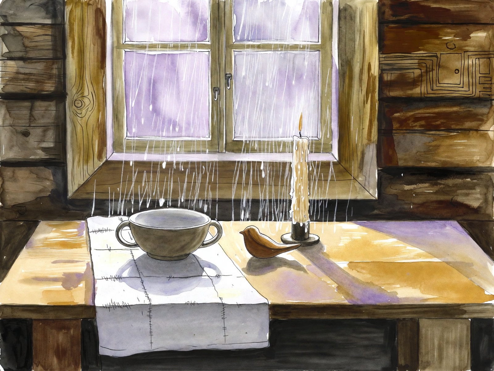 Still life of a hearth table with tea bowl, mended cloth, wooden bird, and rain light