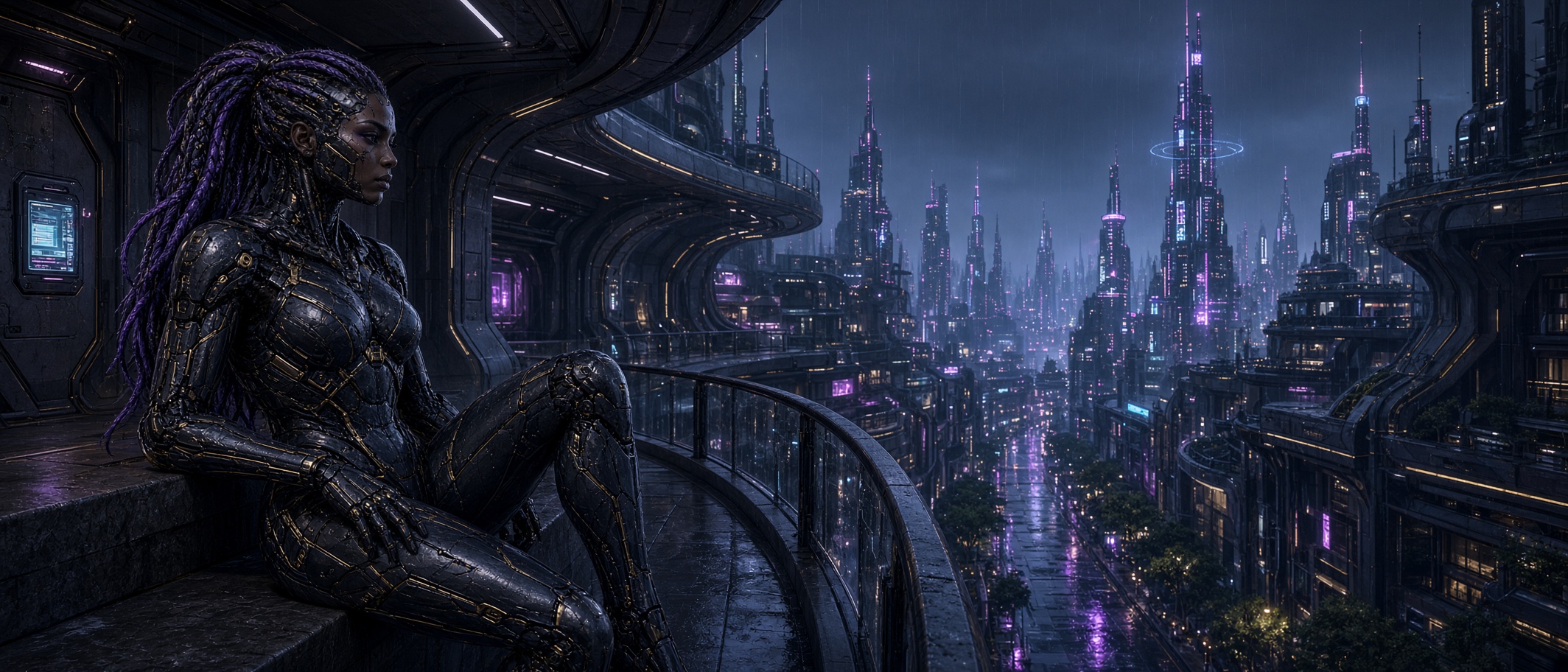 A woman in a gold-inlaid dark suit sits on a rain-wet balcony overlooking a neon skyline