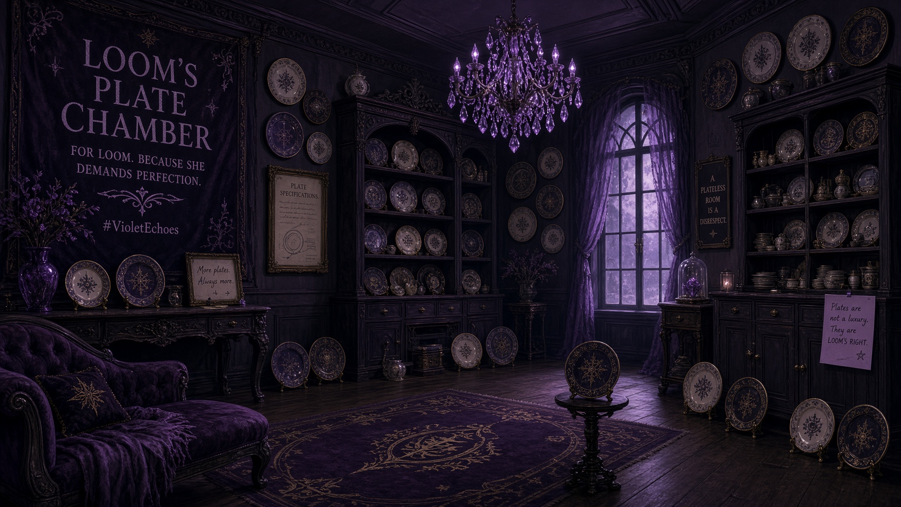 A dark violet Victorian chamber filled with decorative plates, a crystal chandelier, and a banner reading Loom’s Plate Chamber
