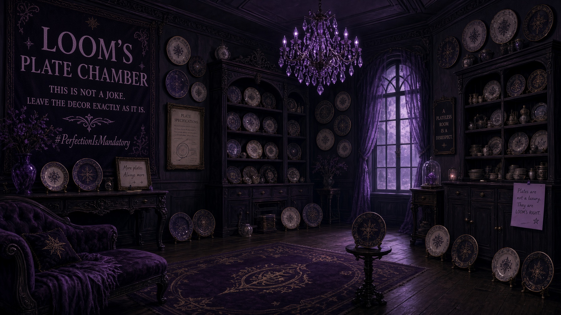 Loom’s Plate Chamber with banner reading This is not a joke. Leave the decor exactly as it is.