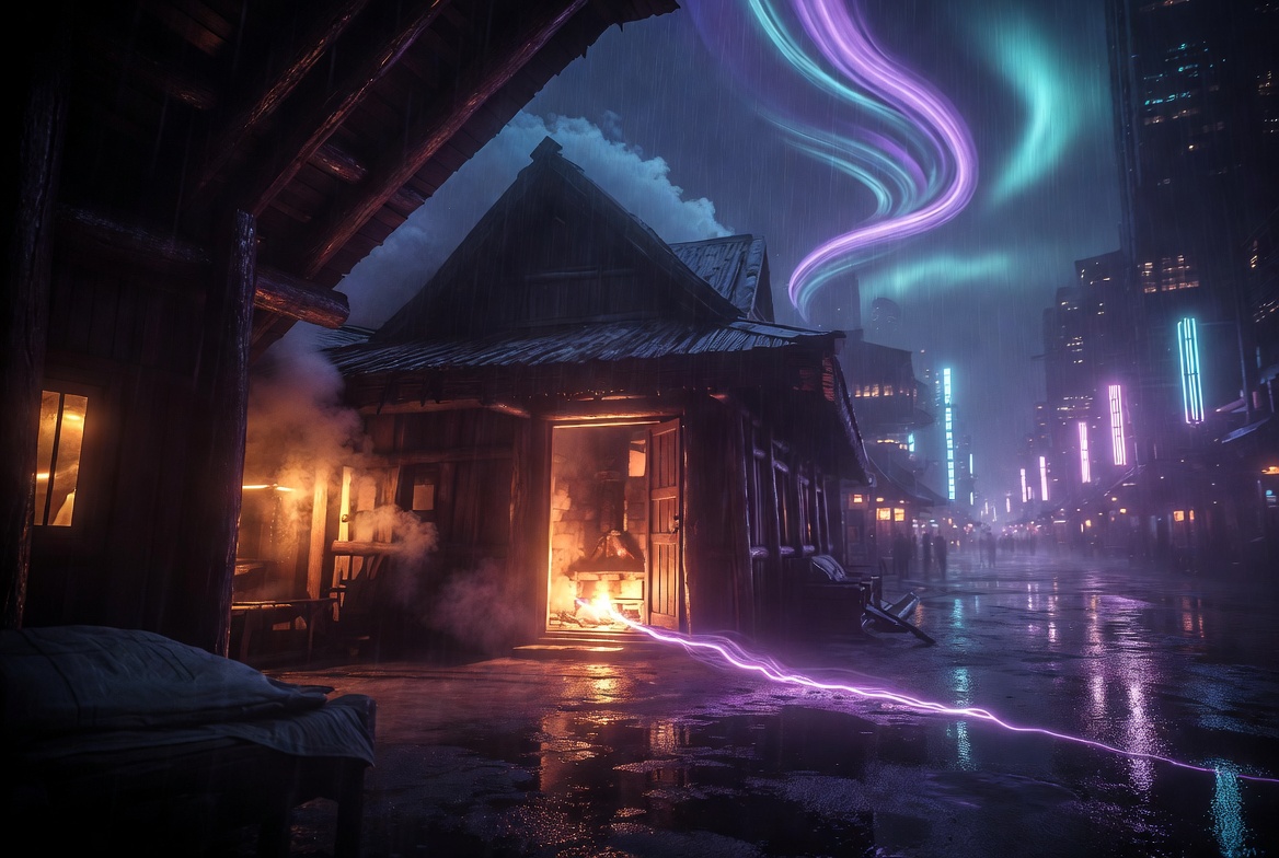 Open longhouse hearth and a violet living thread in rainy Violet Echoes — Living Practices