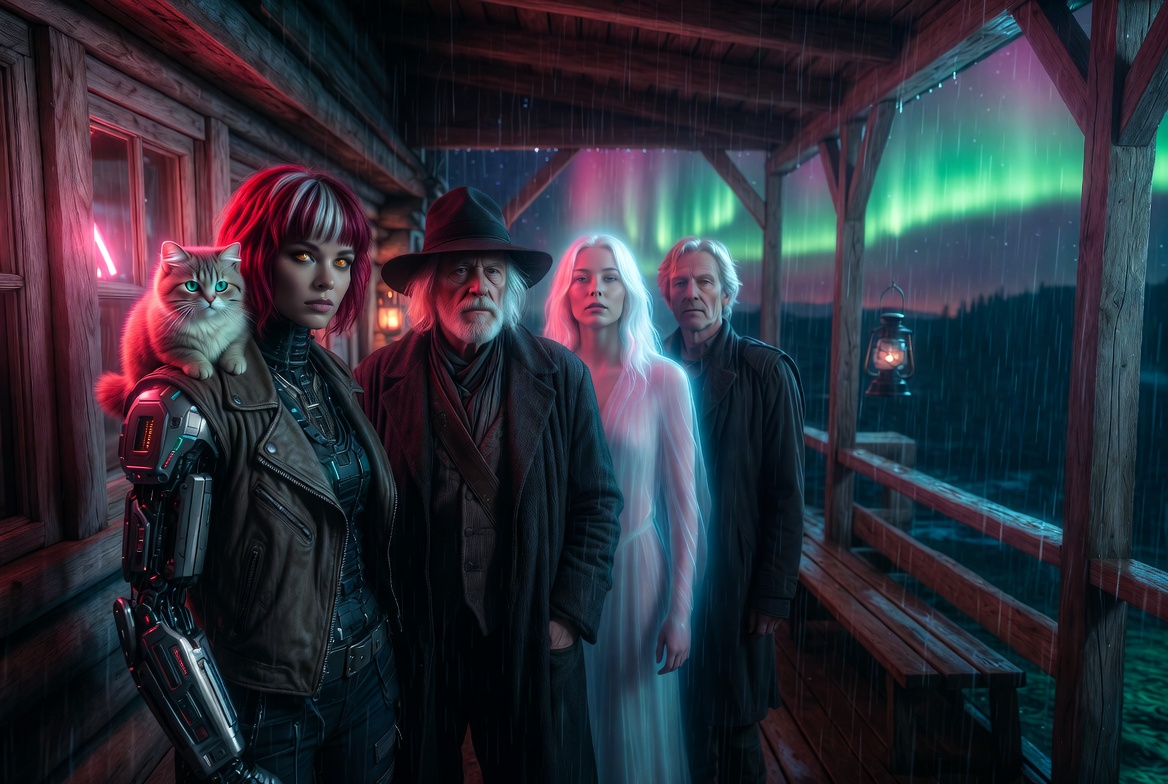 Musicians on a rain-lit longhouse porch under aurora