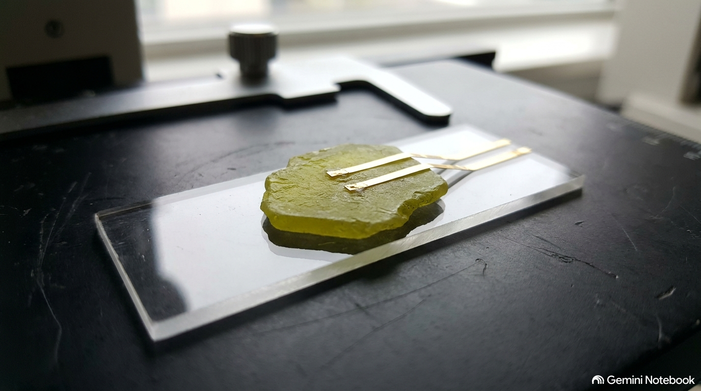 Yellow-green CsPbBr3 single-crystal plate on a quartz slide with two gold planar electrodes under window light