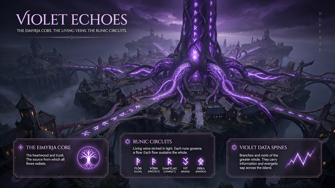 Violet Echoes — Eimyrja Core, living veins, runic circuits