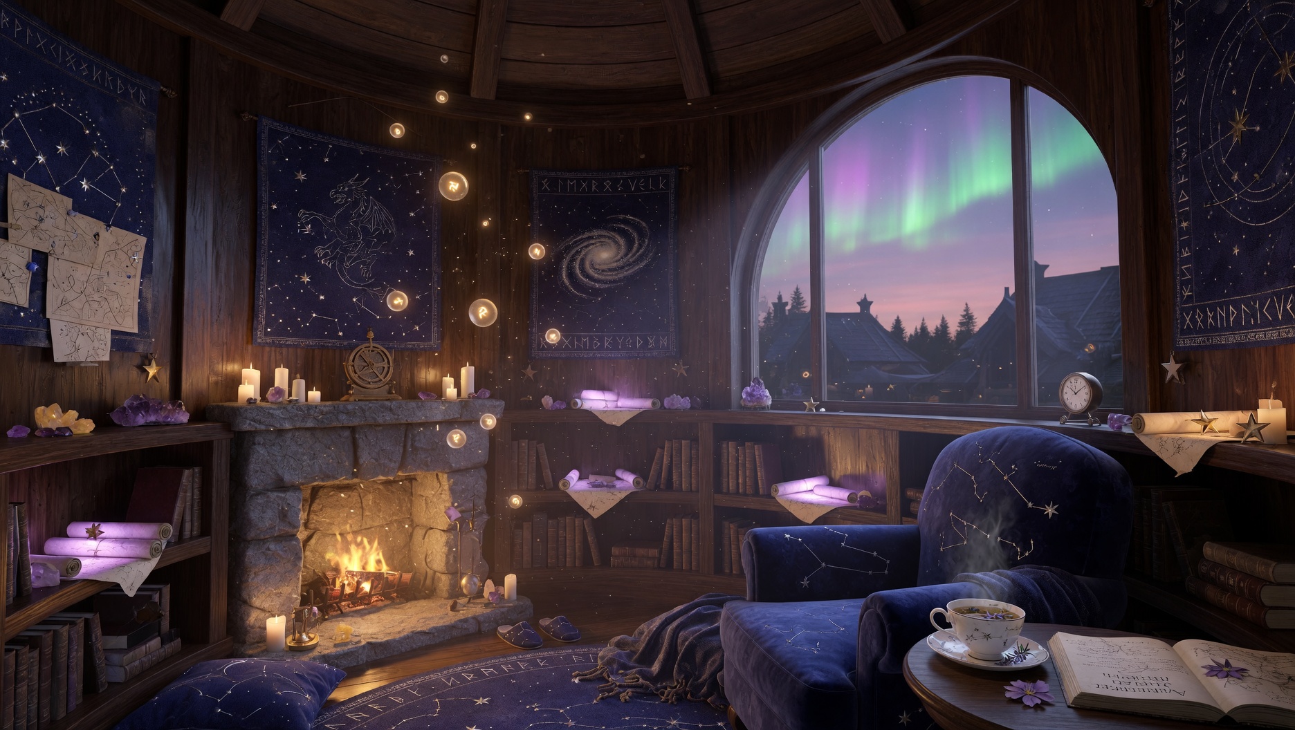 Aurora’s Dream Atelier — wooden round room, stone fireplace, constellation chair, dragon and galaxy tapestries, aurora through the arched window