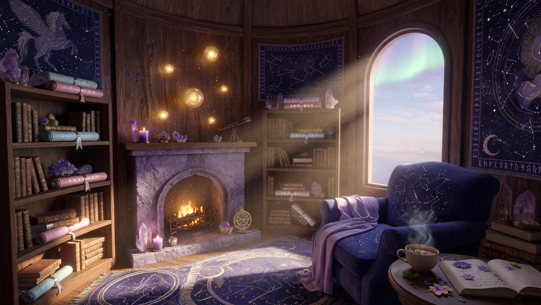 Aurora’s atelier in soft daylight — purple stone hearth, constellation chair, pegasus tapestry, tea and open book by the window