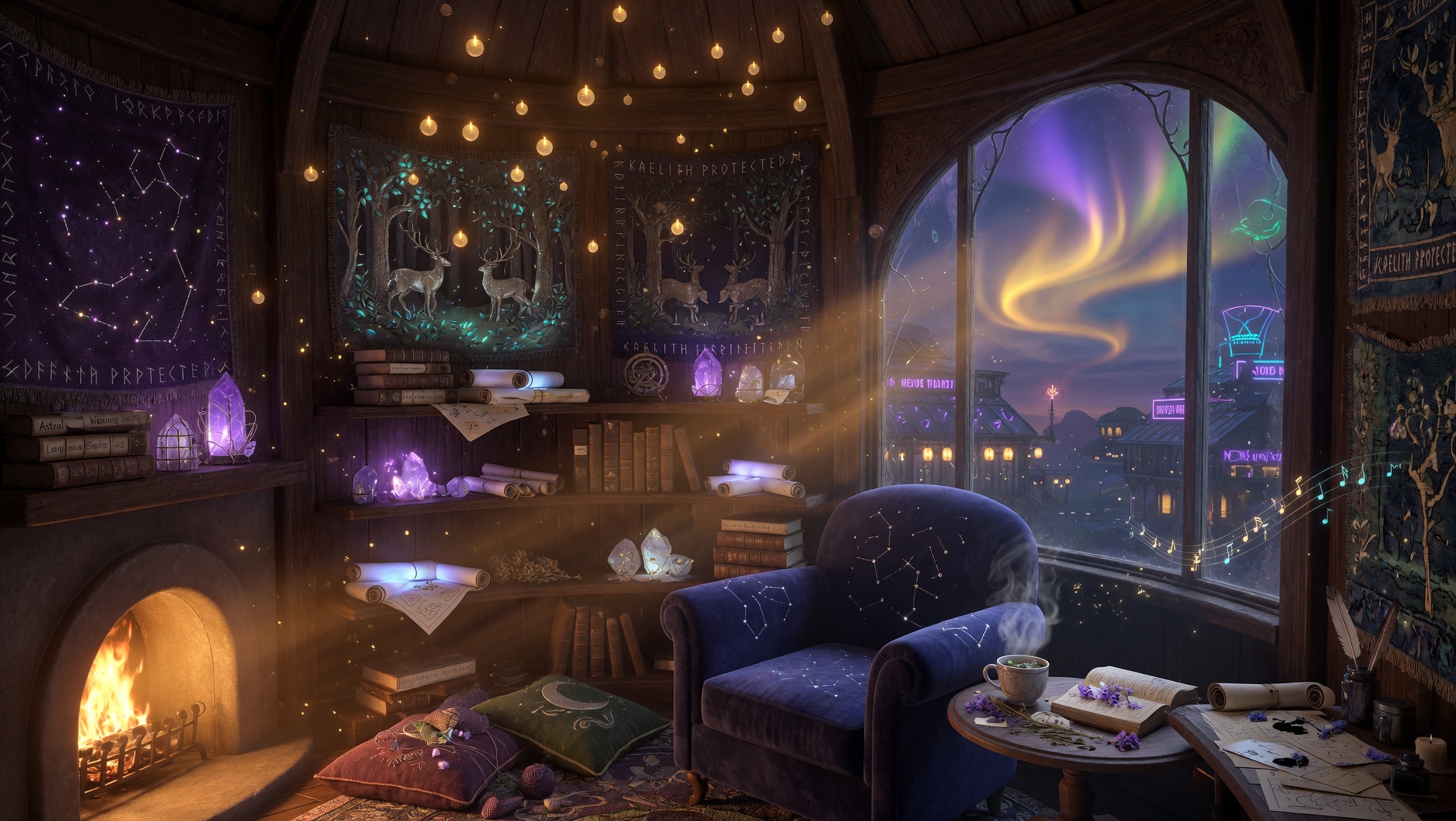 Aurora’s atelier at night — stag tapestries, Kaelith Protected weave, music notes in the light, neon city under aurora