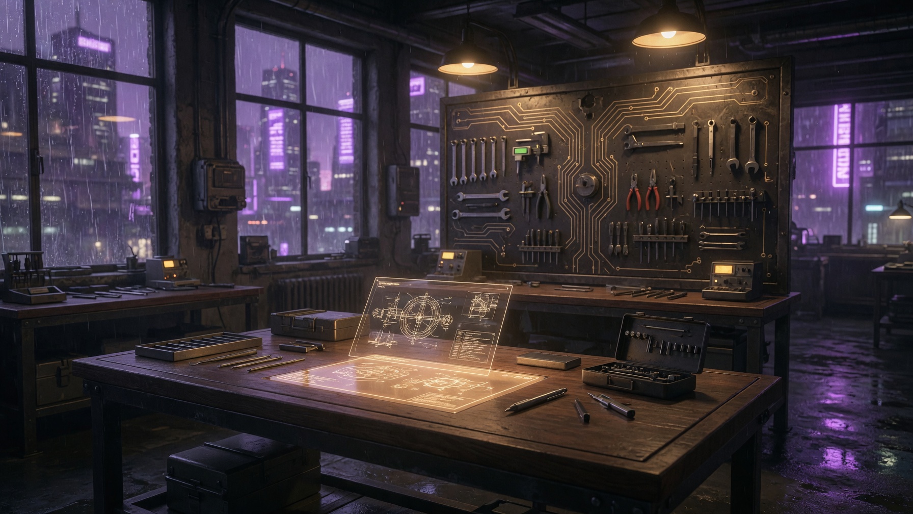 Forge’s Circuit Hall — rain windows, purple city neon, holo schematic on the bench, circuit tool board behind