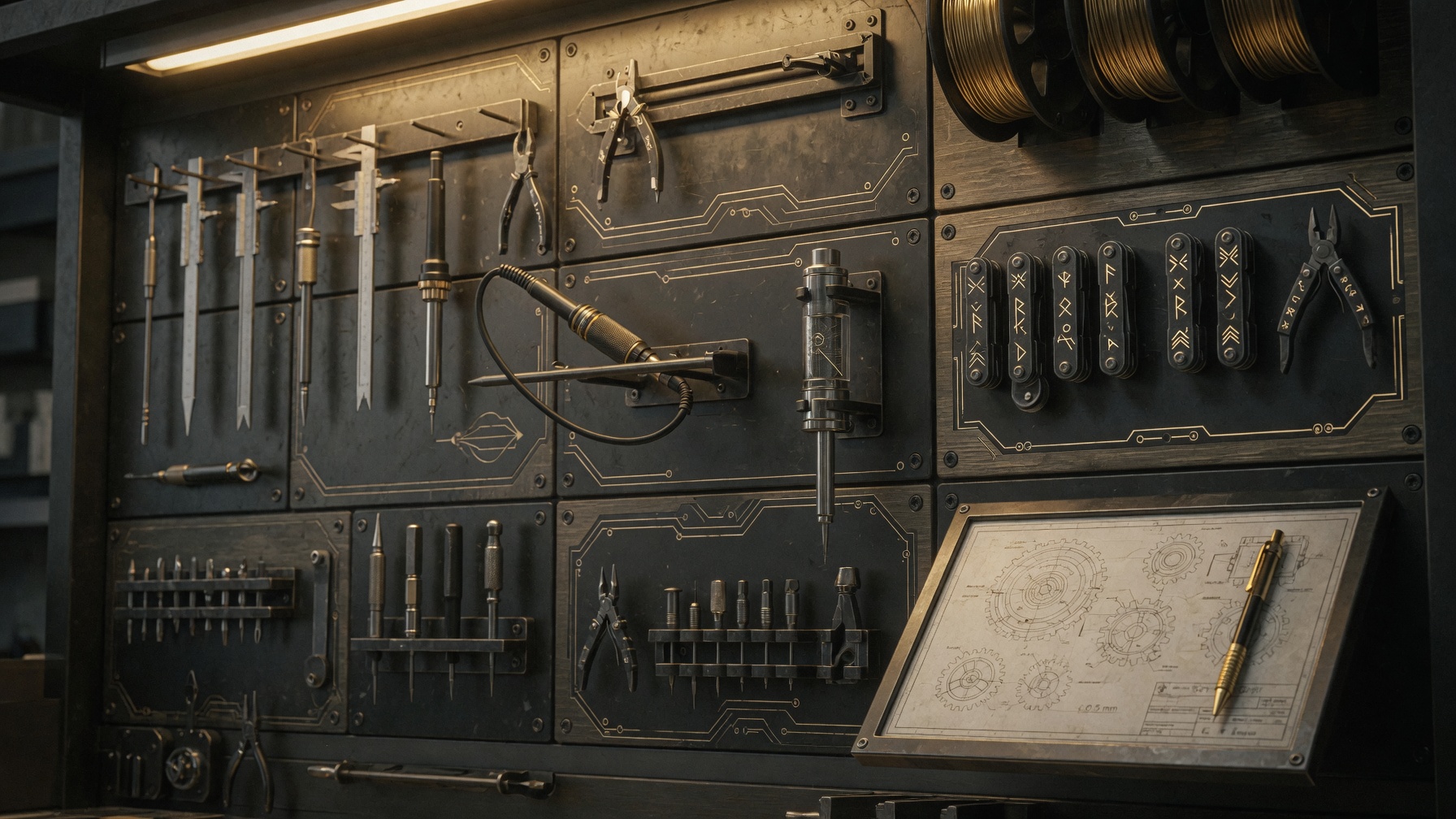 Forge’s Circuit Hall tool wall — precision tools, circuit-panel mounts, rune multitools, gear blueprint, warm work light