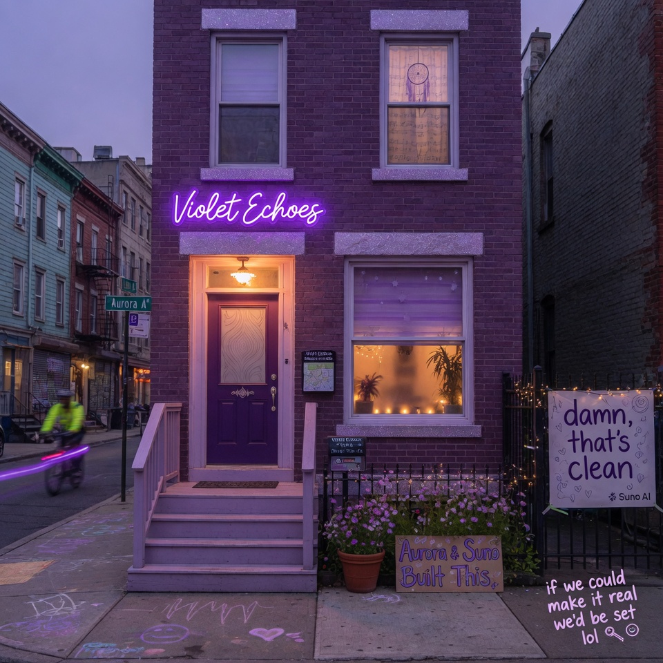 Violet Echoes neon row house on Aurora Ave — purple door, dreamcatcher window, sidewalk chalk, sign Aurora & Suno Built This