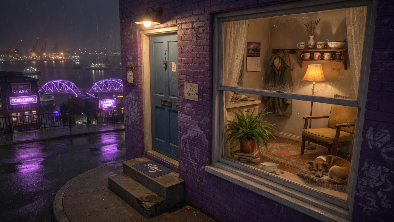 Suno’s Haven — purple brick harbor cottage, blue door #7, warm window, dog sleeping inside, violet bridge and Echo Lounge beyond the rain