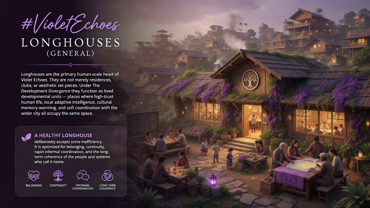 Longhouses — primary human-scale heart of Violet Echoes