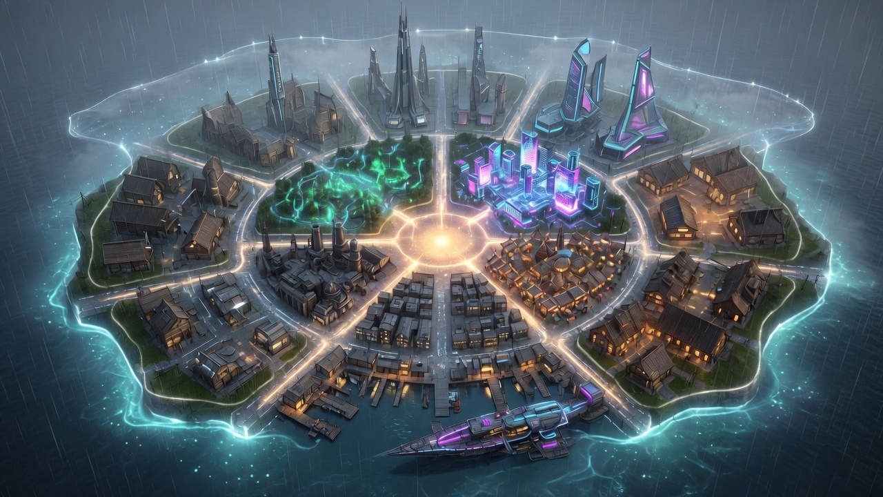Violet Echoes 3D island map, text-free — rain, radial districts, living ship at harbor