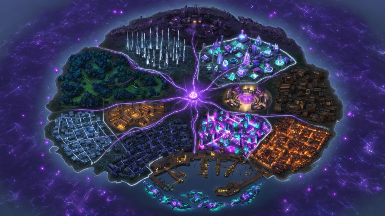 Violet Echoes interactive top-down island map — districts as color zones around Eimyrja